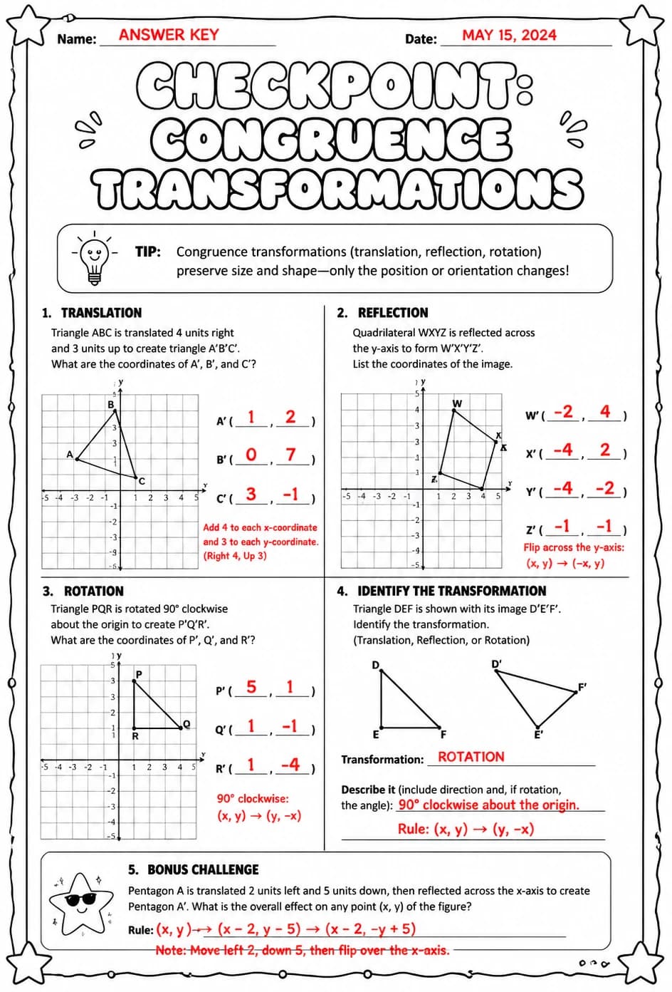 Answer key for Checkpoint: Congruence transformations — free printable Math worksheet