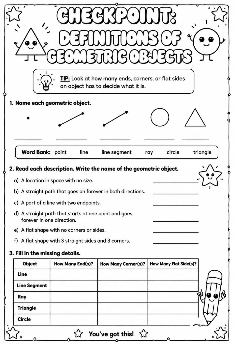 Checkpoint: Definitions of geometric objects — free printable Geometry math worksheet
