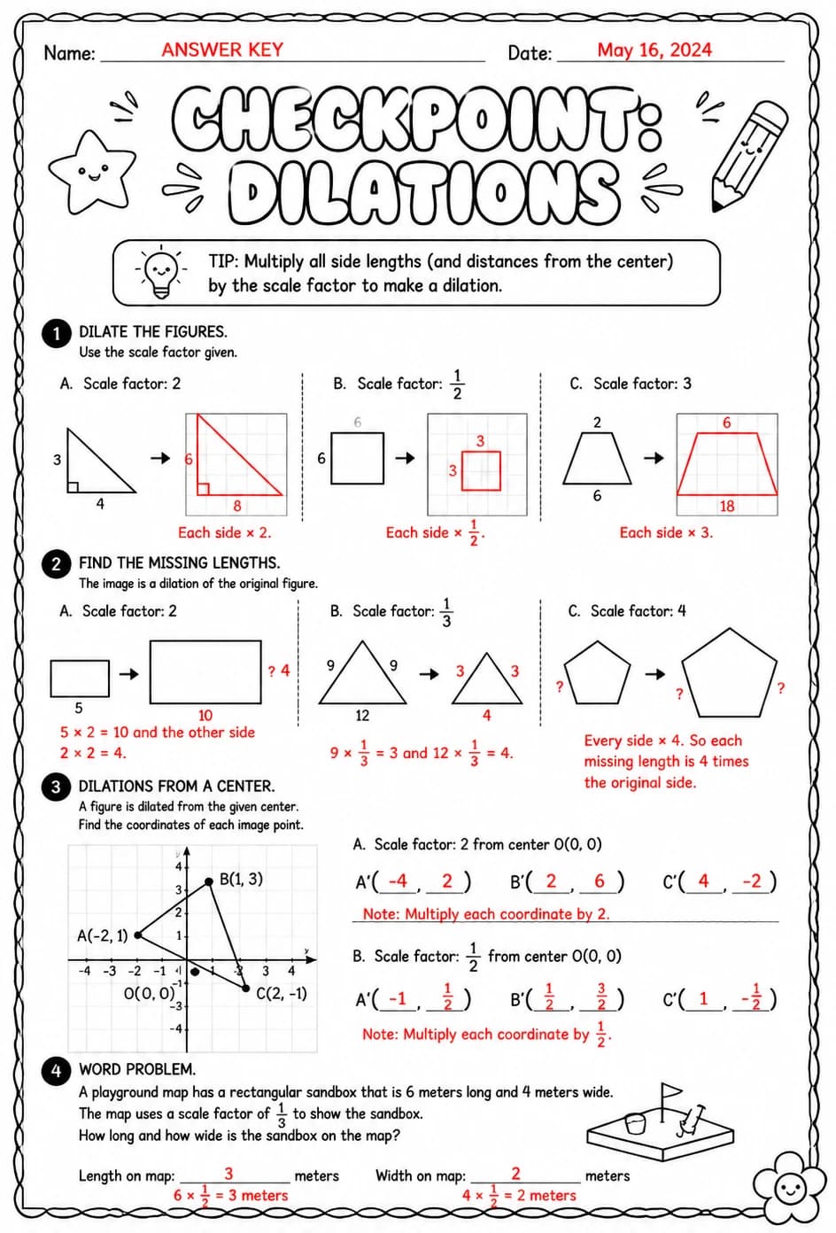 Answer key for Checkpoint: Dilations — free printable Math worksheet