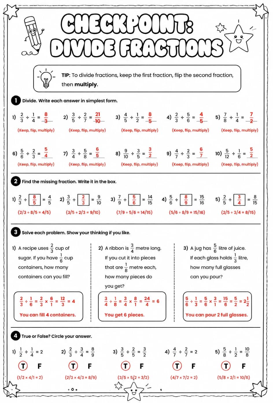 Answer key for Checkpoint: Divide fractions — free printable Math worksheet