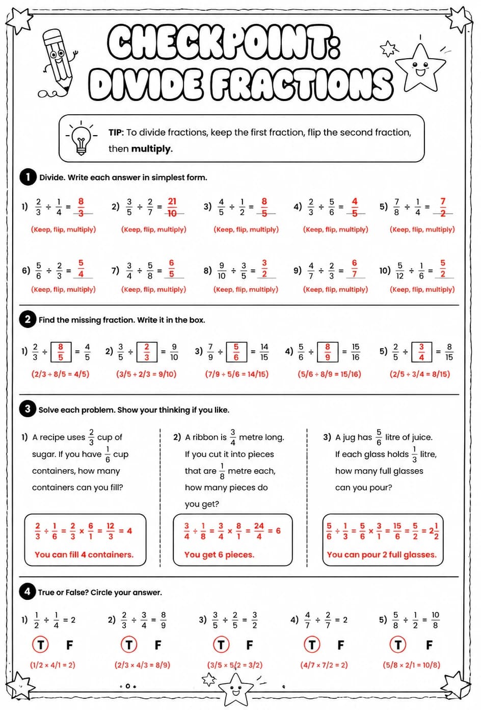 Answer key for Checkpoint: Divide fractions — free printable Math worksheet
