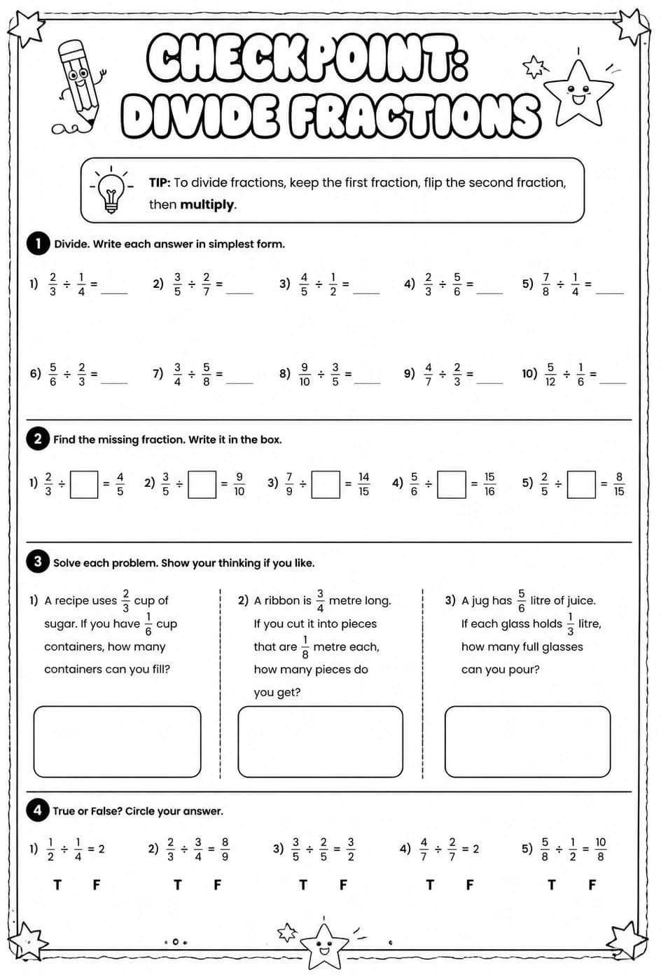 Checkpoint: Divide fractions — free printable Grade 6 math worksheet