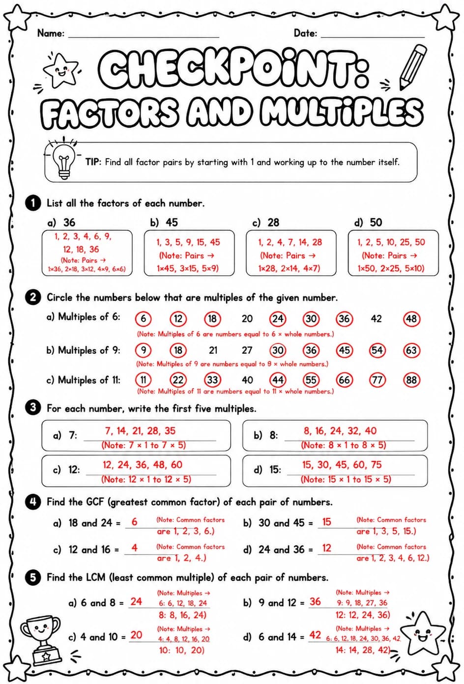 Answer key for Checkpoint: Factors and multiples — free printable Math worksheet