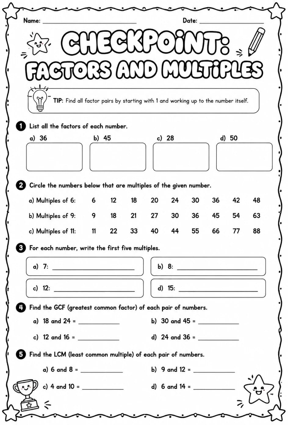 Checkpoint: Factors and multiples — free printable Grade 6 math worksheet