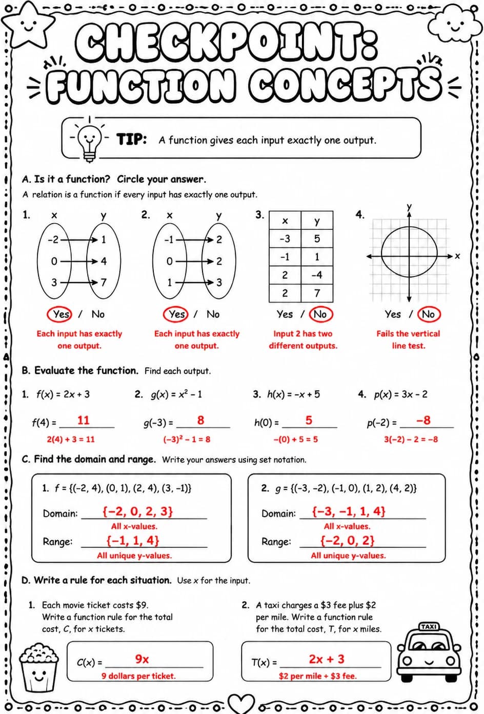 Answer key for Checkpoint: Function concepts — free printable Math worksheet