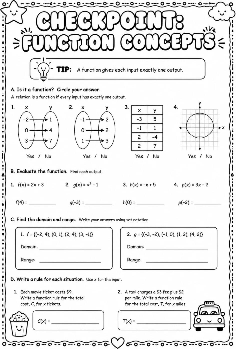 Checkpoint: Function concepts — free printable Algebra 1 math worksheet