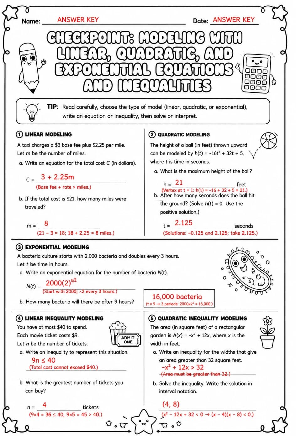 Answer key for Checkpoint: Modeling with linear, quadratic, and exponential equations and inequalities — free printable Math worksheet