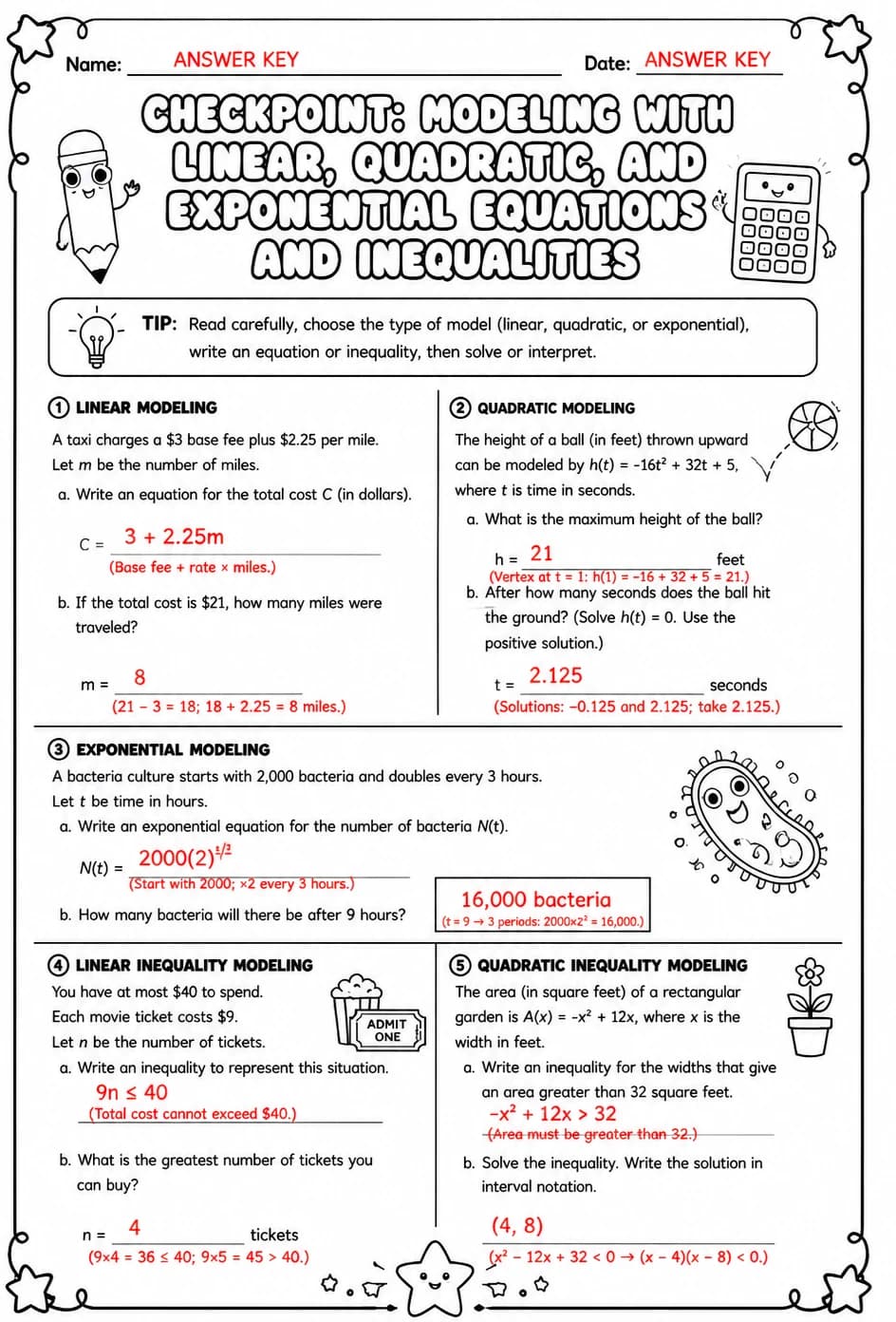 Answer key for Checkpoint: Modeling with linear, quadratic, and exponential equations and inequalities — free printable Math worksheet