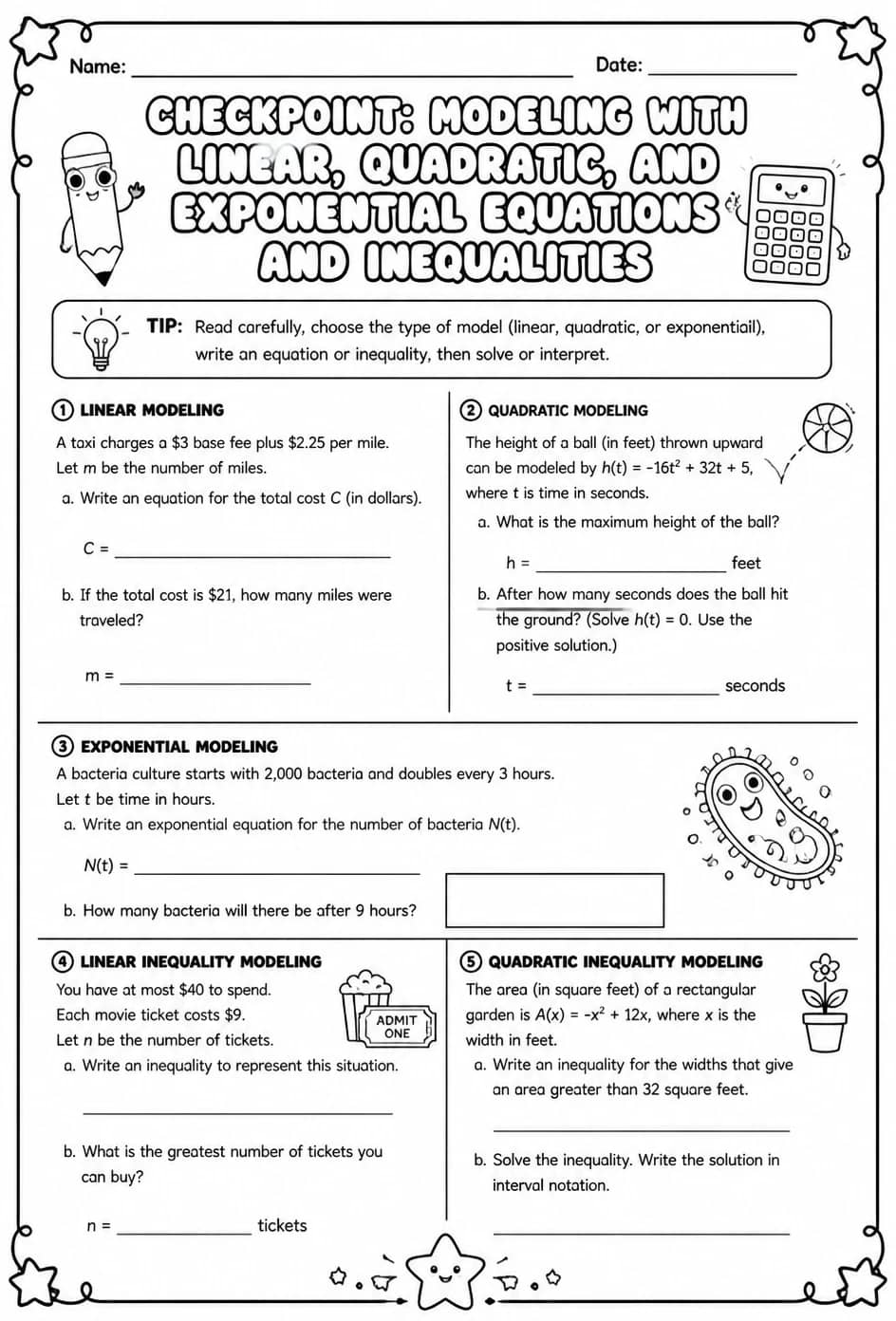 Checkpoint: Modeling with linear, quadratic, and exponential equations and inequalities — free printable Algebra 1 math worksheet