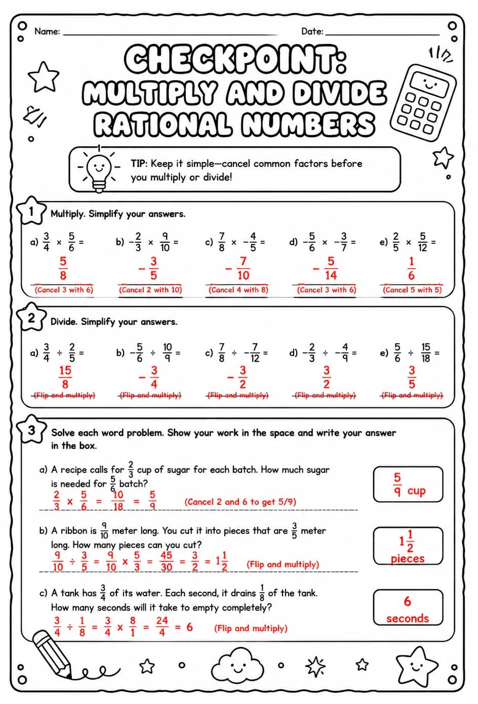 Answer key for Checkpoint: Multiply and divide rational numbers — free printable Math worksheet