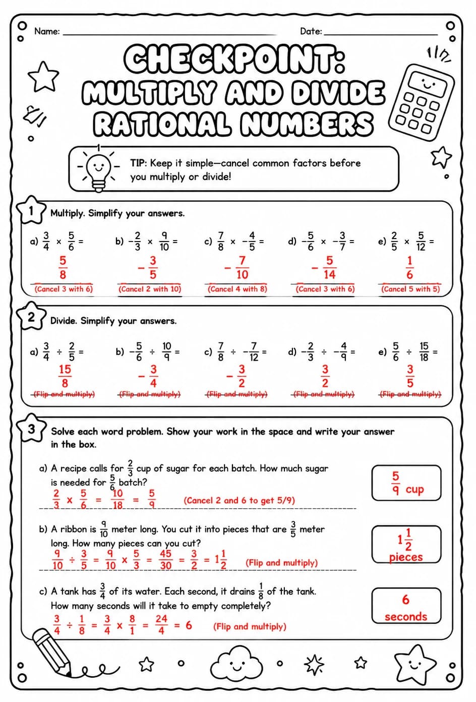 Answer key for Checkpoint: Multiply and divide rational numbers — free printable Math worksheet