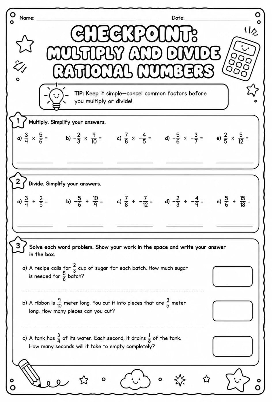 Checkpoint: Multiply and divide rational numbers — free printable Grade 7 math worksheet