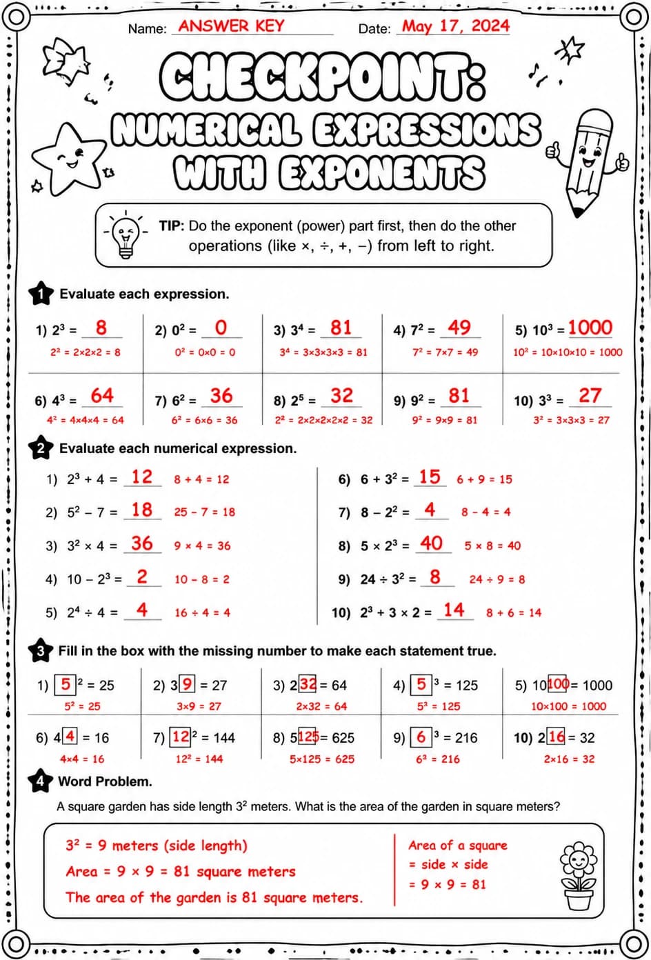 Answer key for Checkpoint: Numerical expressions with exponents — free printable Math worksheet