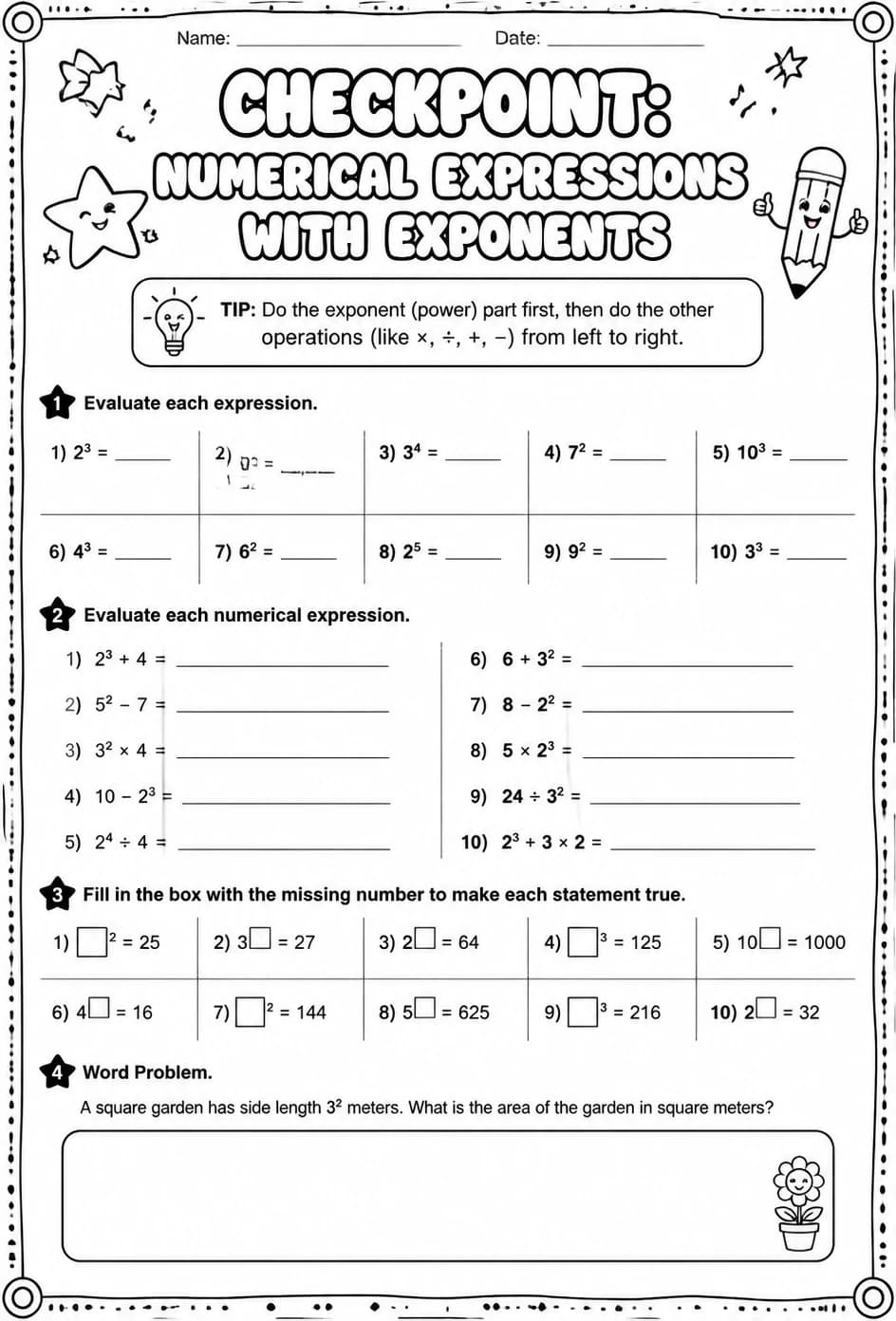 Checkpoint: Numerical expressions with exponents — free printable Grade 6 math worksheet