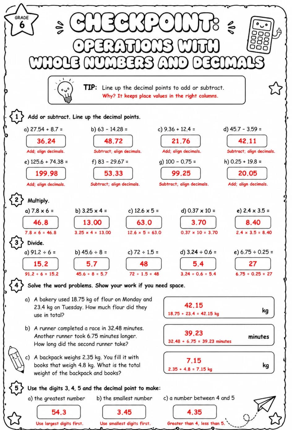 Answer key for Checkpoint: Operations with whole numbers and decimals — free printable Math worksheet