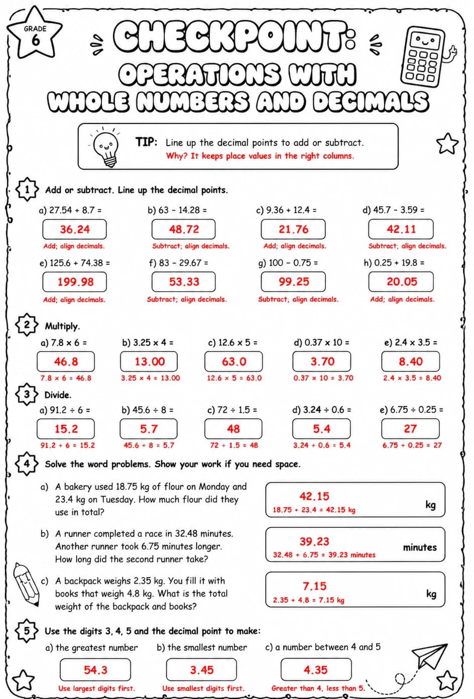 Answer key for Checkpoint: Operations with whole numbers and decimals — free printable Math worksheet