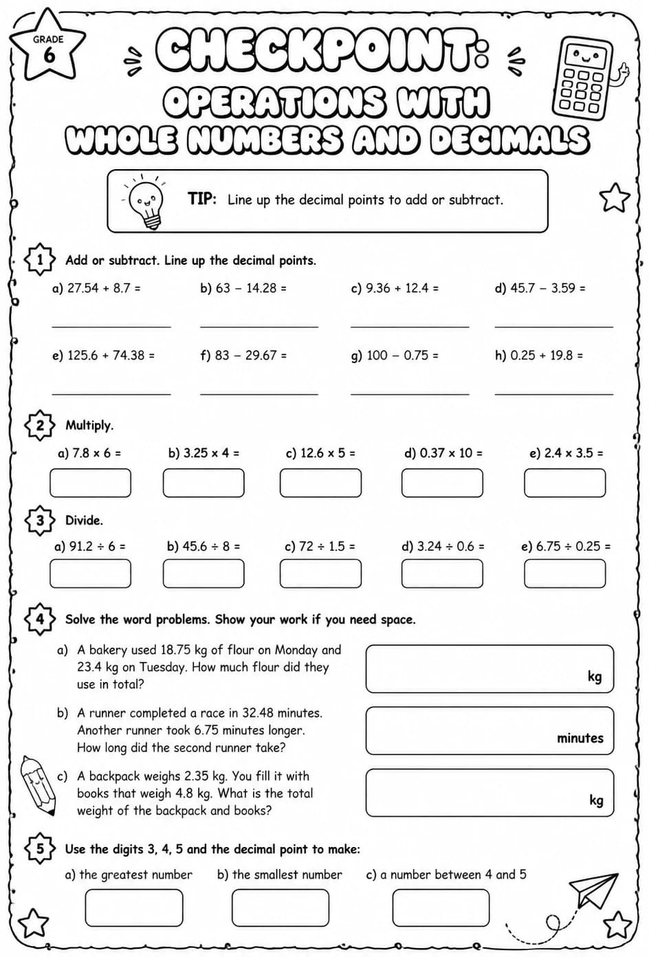 Checkpoint: Operations with whole numbers and decimals — free printable Grade 6 math worksheet