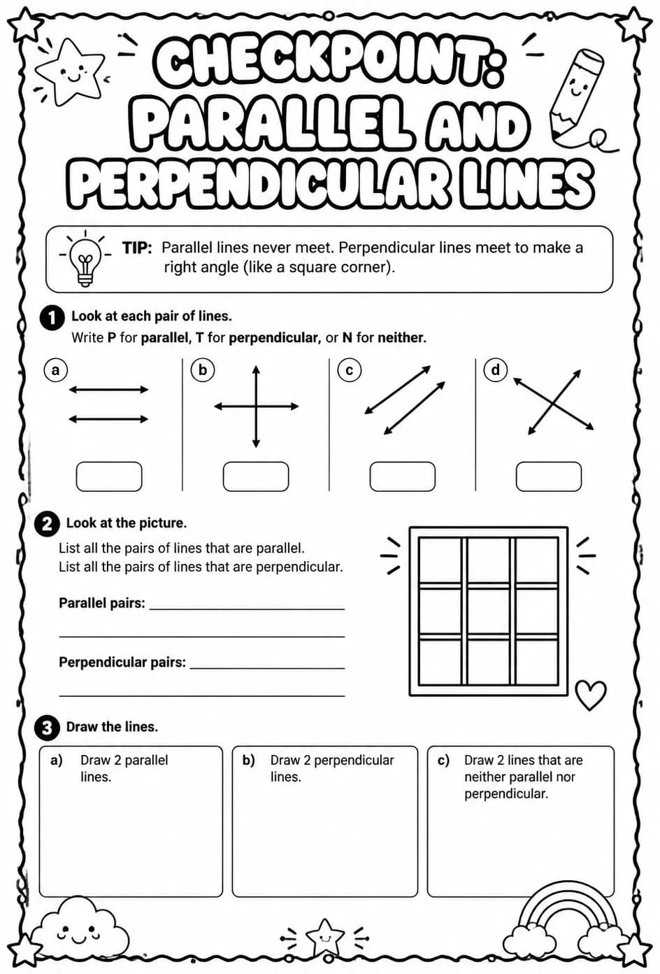Checkpoint: Parallel and perpendicular lines — free printable Geometry math worksheet