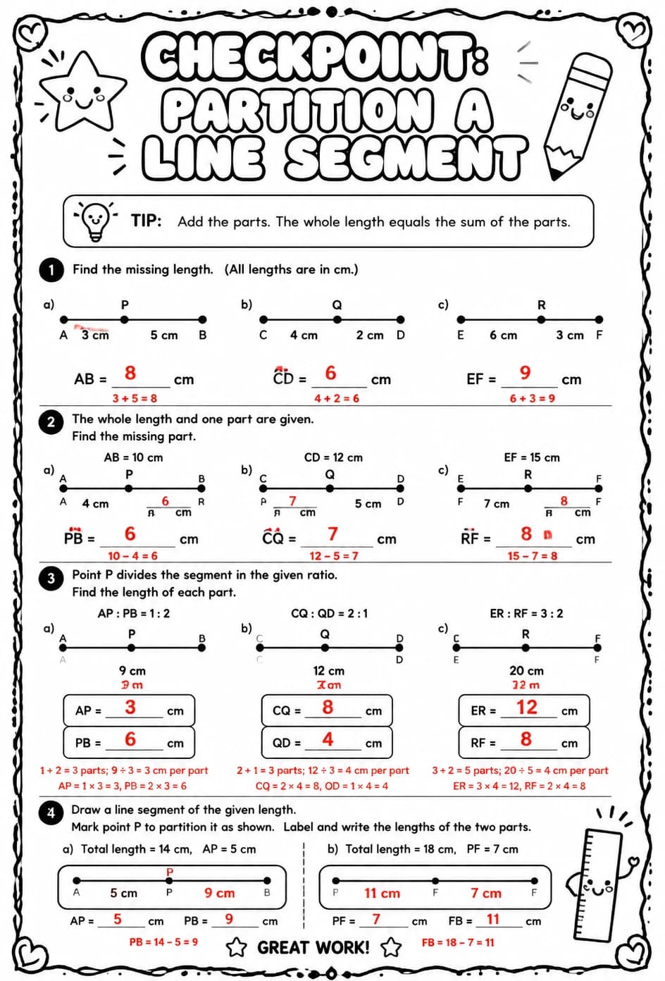 Answer key for Checkpoint: Partition a line segment — free printable Math worksheet