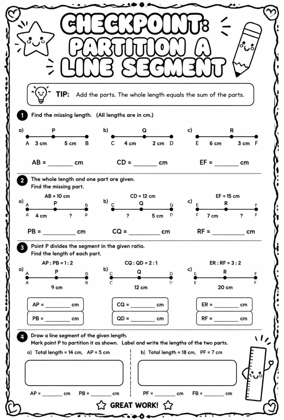 Checkpoint: Partition a line segment — free printable Geometry math worksheet