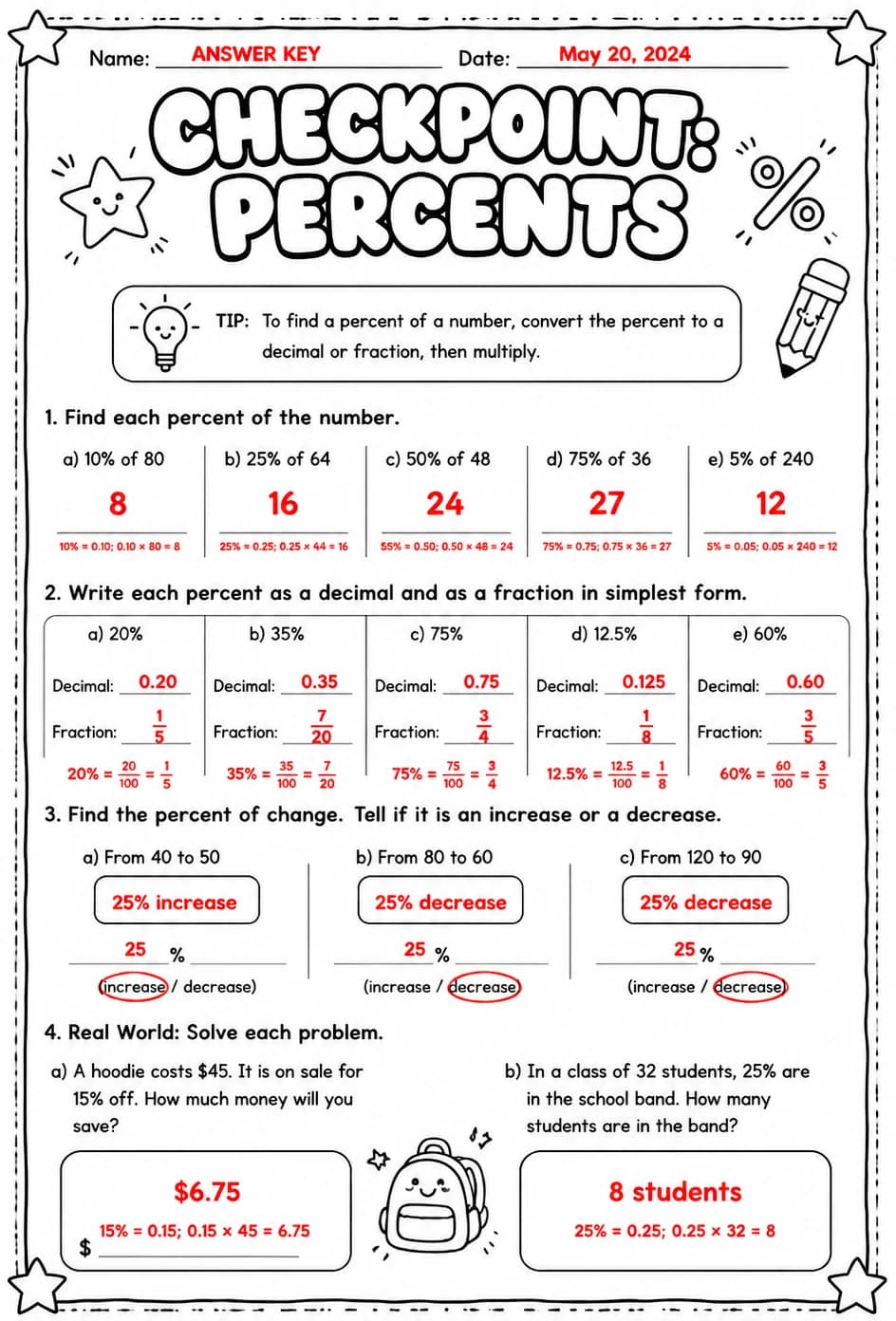 Answer key for Checkpoint: Percents — free printable Math worksheet
