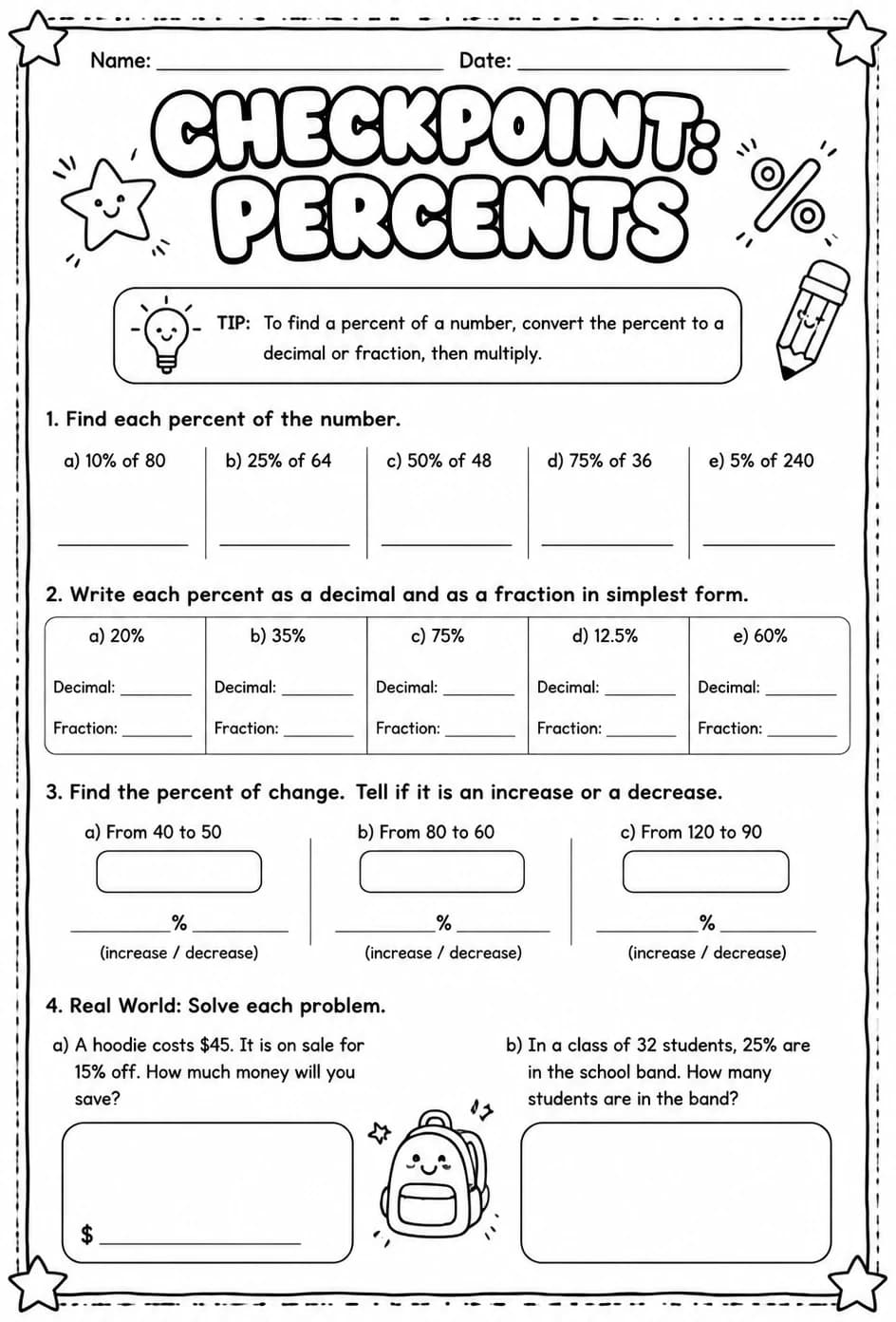 Checkpoint: Percents — free printable Grade 6 math worksheet
