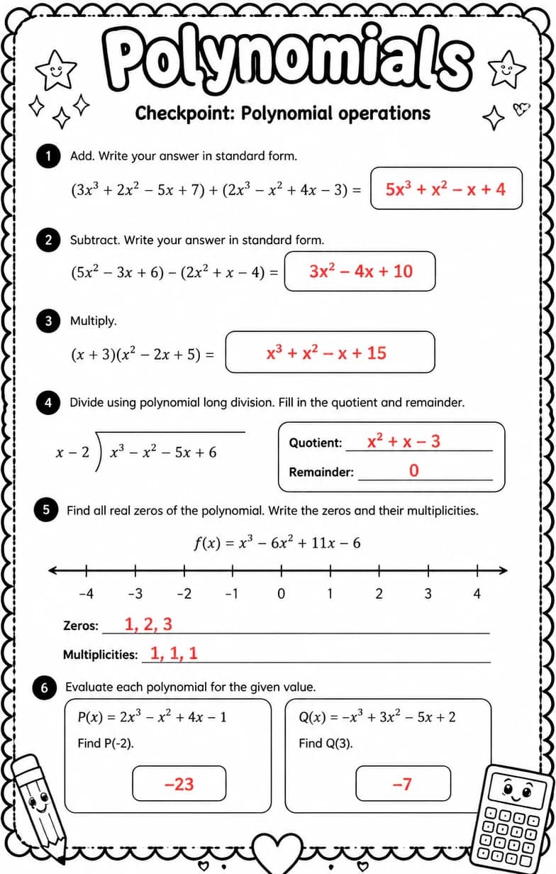 Answer key for Checkpoint: Polynomial operations — free printable Math worksheet