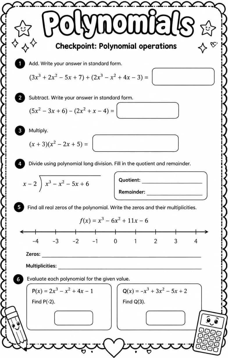 Checkpoint: Polynomial operations — free printable Algebra 1 math worksheet