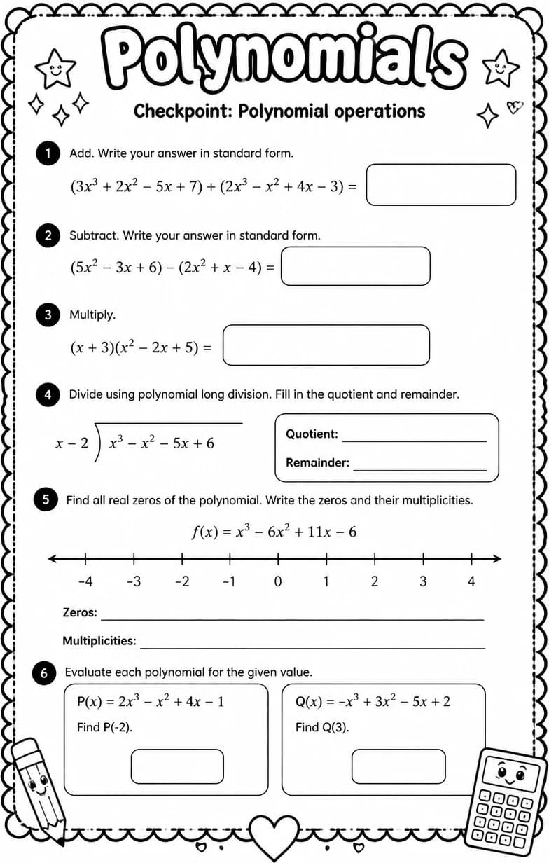 Checkpoint: Polynomial operations — free printable Algebra 1 math worksheet