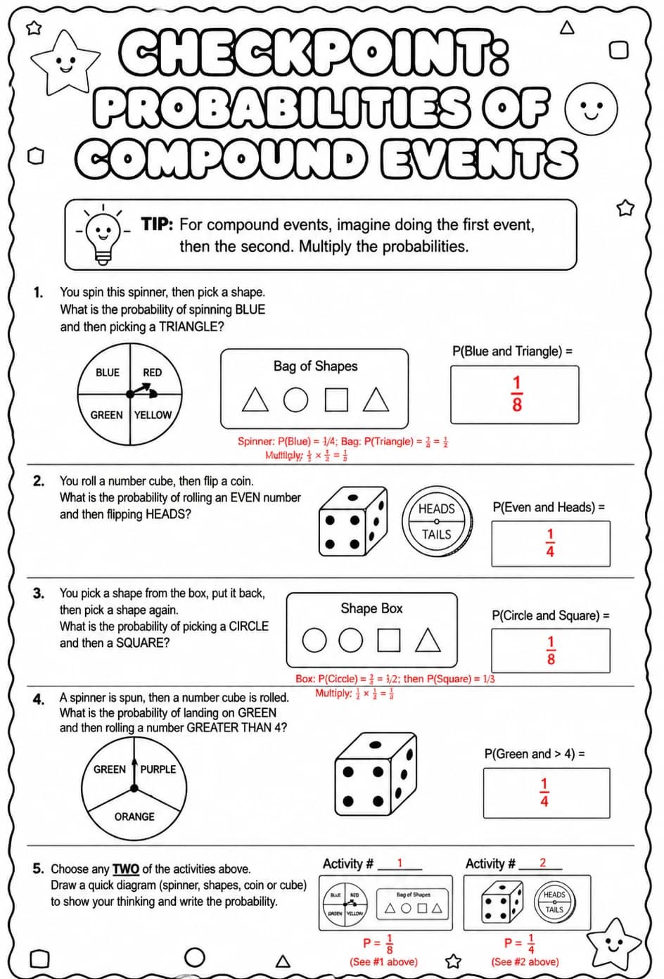 Answer key for Checkpoint: Probabilities of compound events — free printable Math worksheet