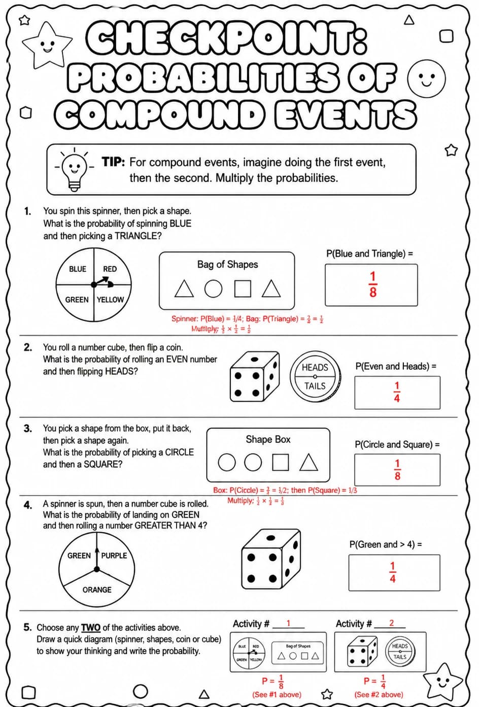 Answer key for Checkpoint: Probabilities of compound events — free printable Math worksheet