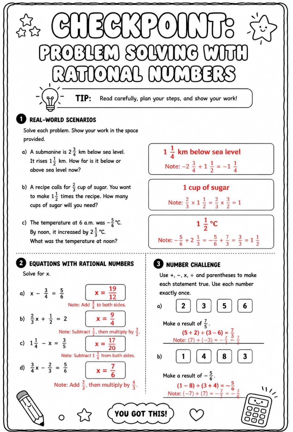 Answer key for Checkpoint: Problem solving with rational numbers — free printable Math worksheet
