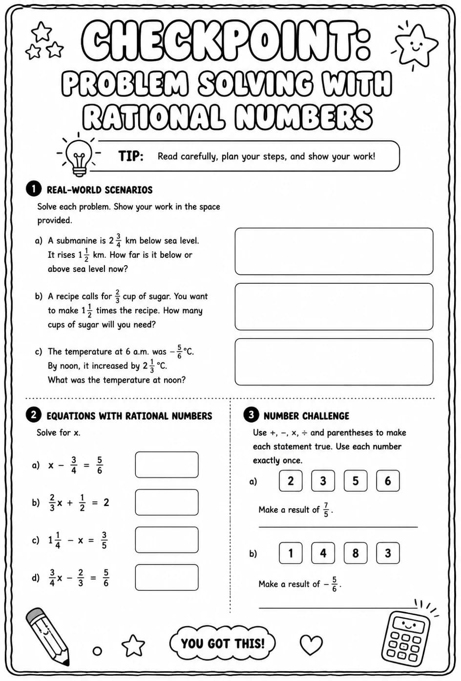 Checkpoint: Problem solving with rational numbers — free printable Grade 7 math worksheet