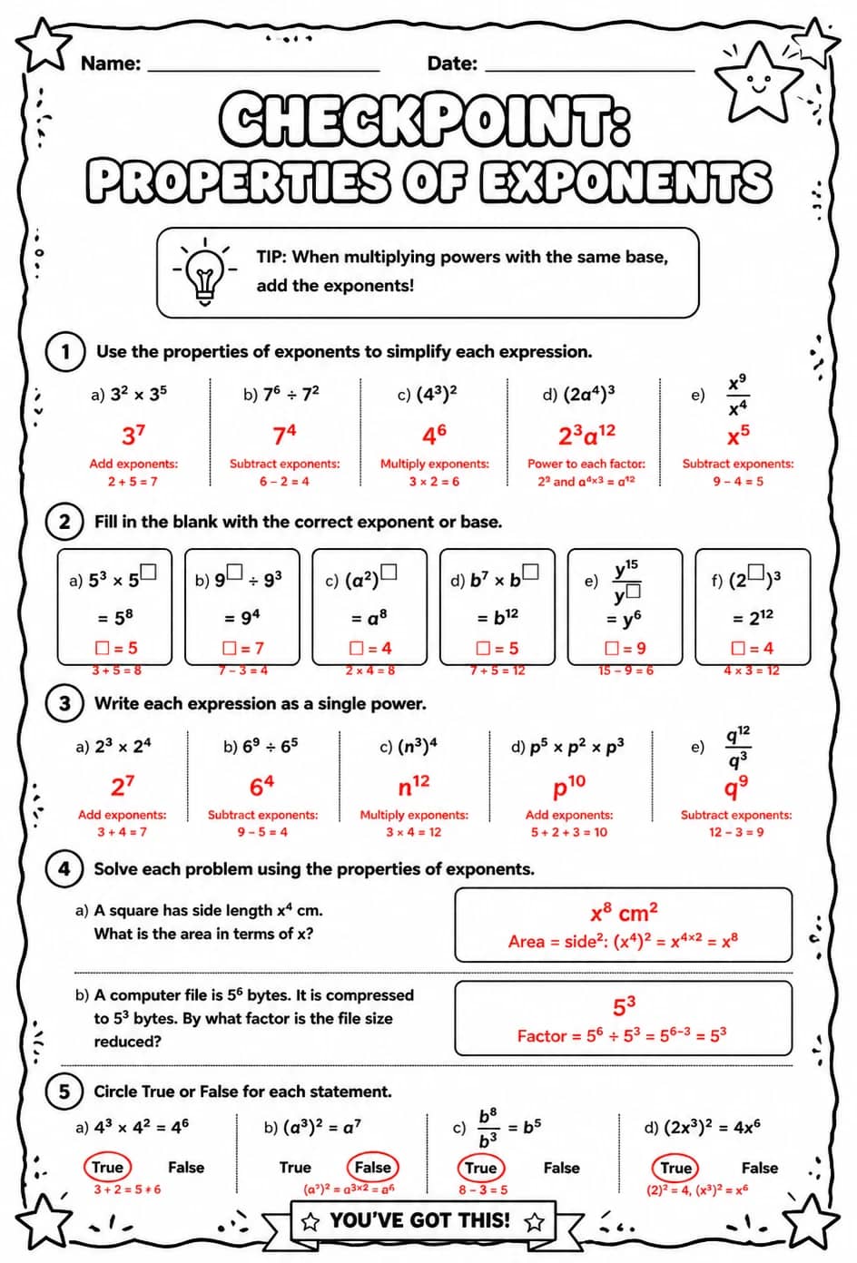 Answer key for Checkpoint: Properties of exponents — free printable Math worksheet