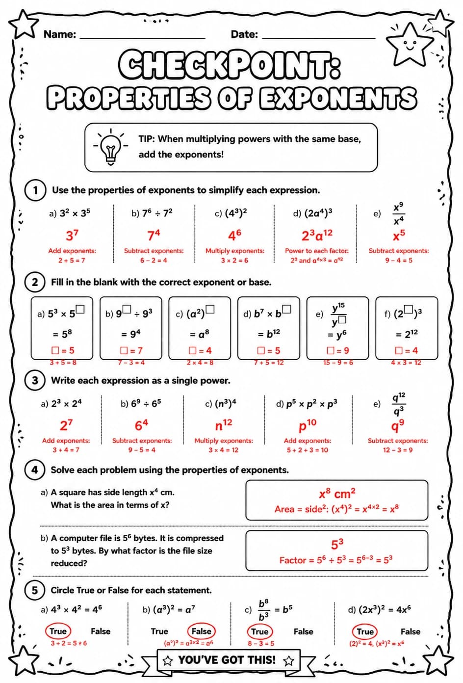 Answer key for Checkpoint: Properties of exponents — free printable Math worksheet