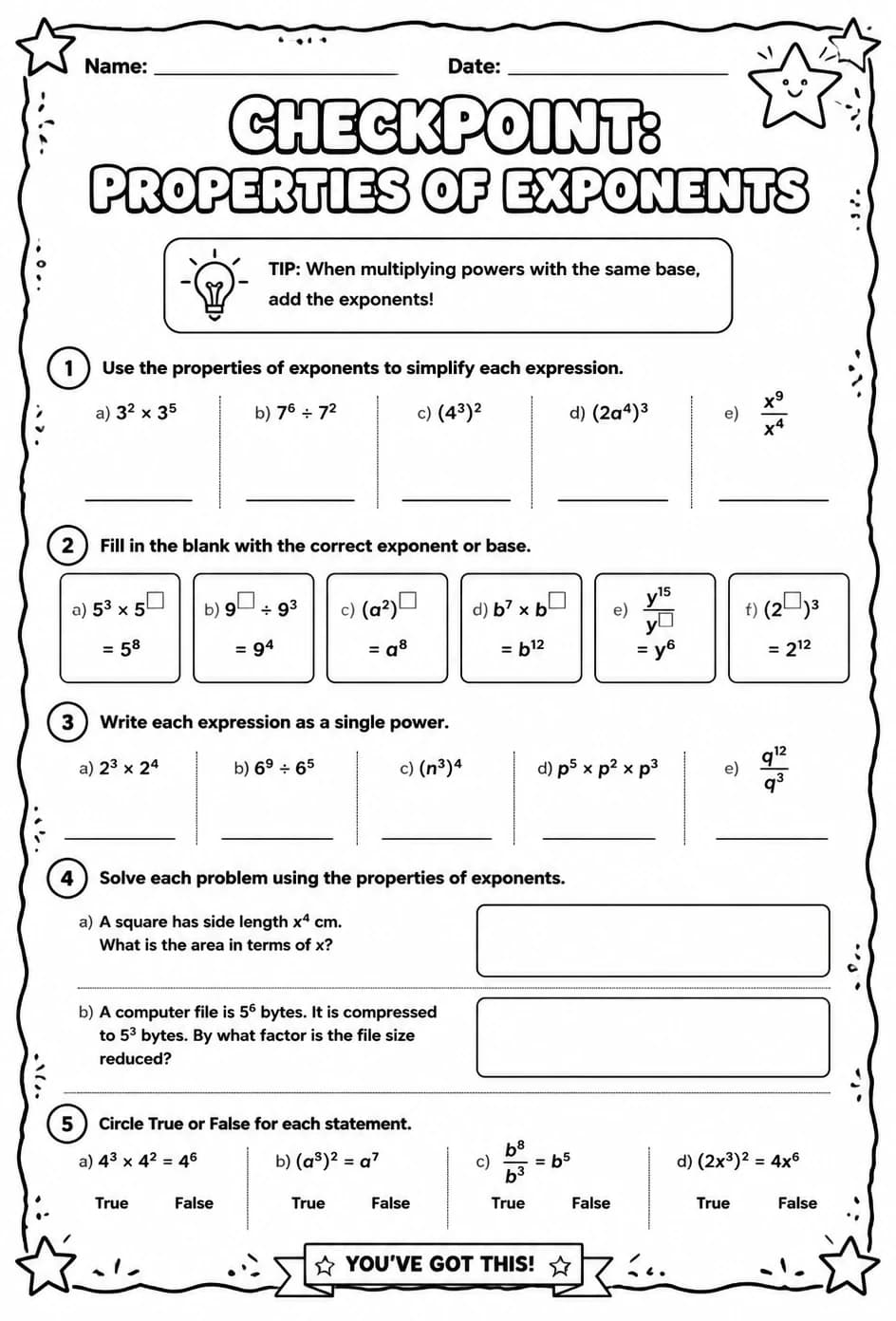 Checkpoint: Properties of exponents — free printable Grade 8 math worksheet