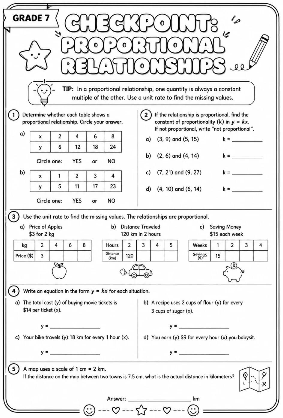 Checkpoint: Proportional relationships — free printable Grade 7 math worksheet