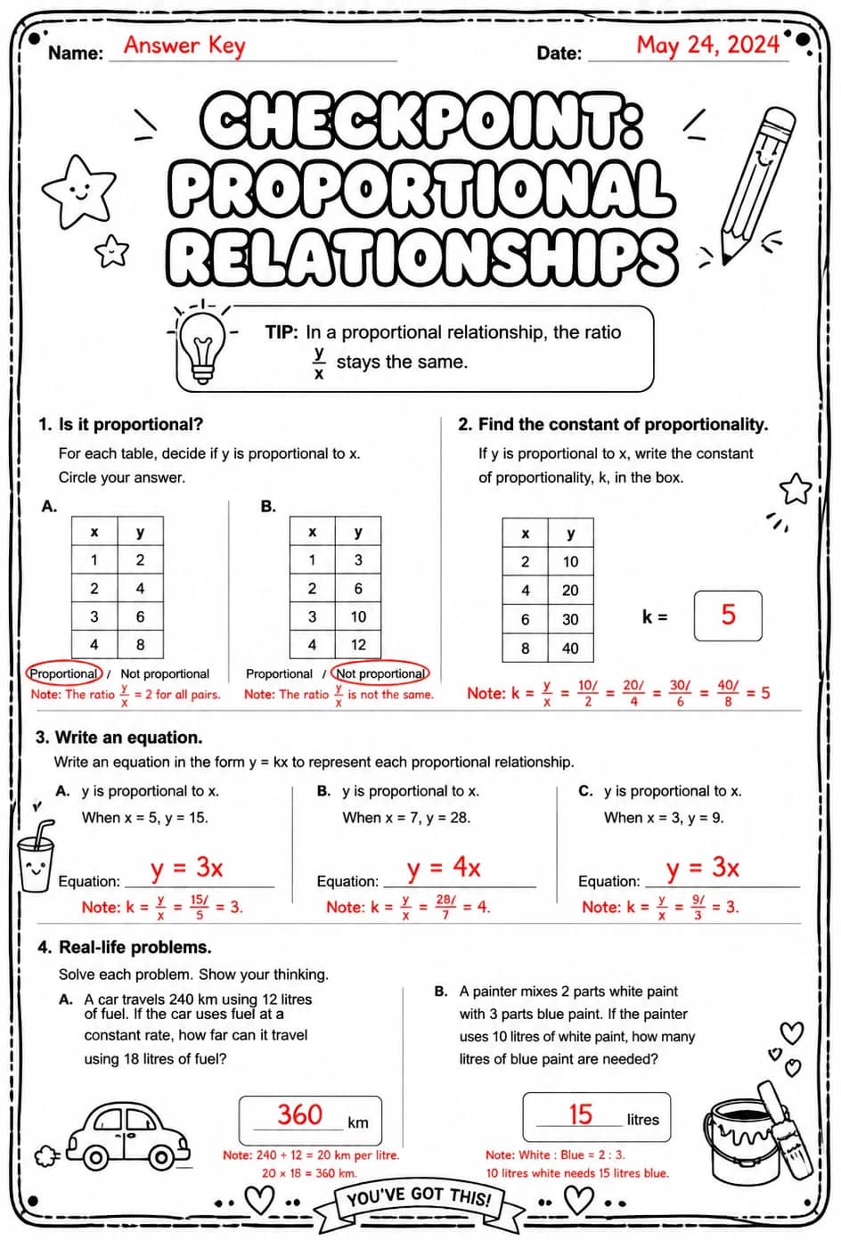 Answer key for Checkpoint: Proportional relationships — free printable Math worksheet