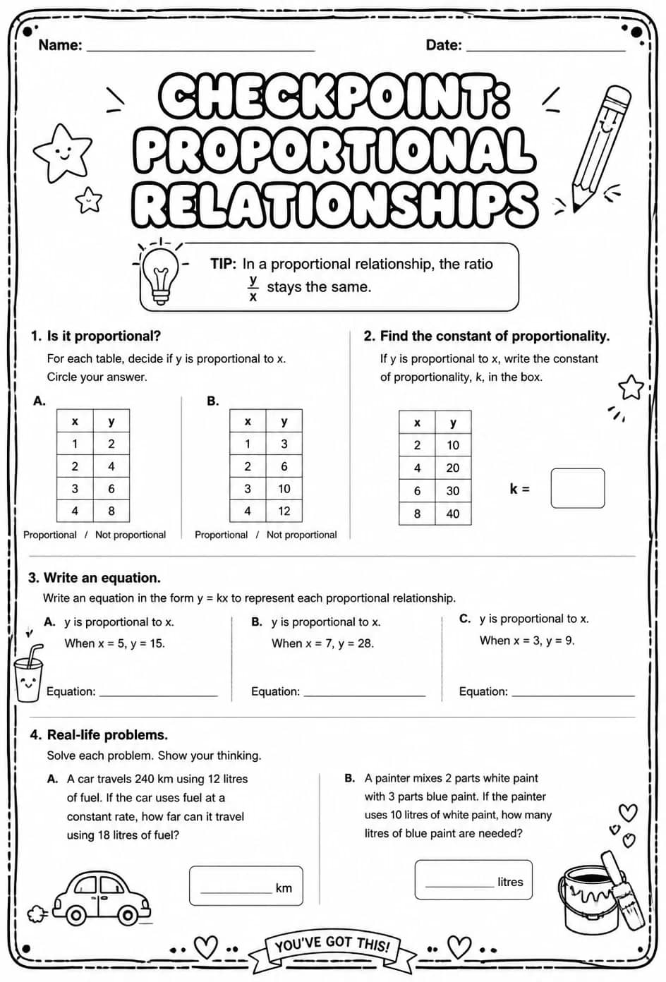 Checkpoint: Proportional relationships — free printable Grade 8 math worksheet