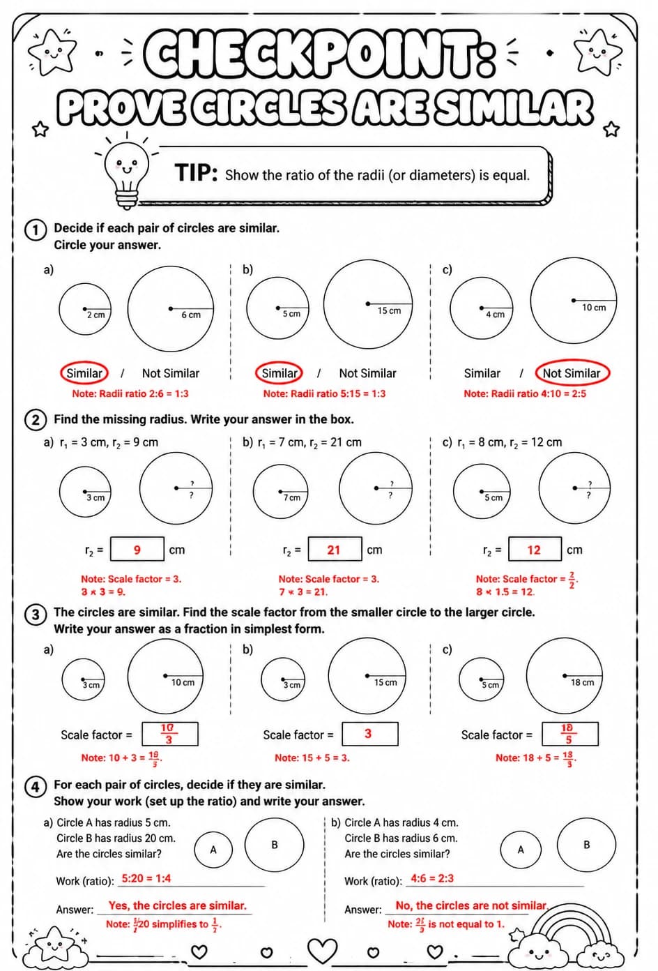 Answer key for Checkpoint: Prove circles are similar — free printable Math worksheet