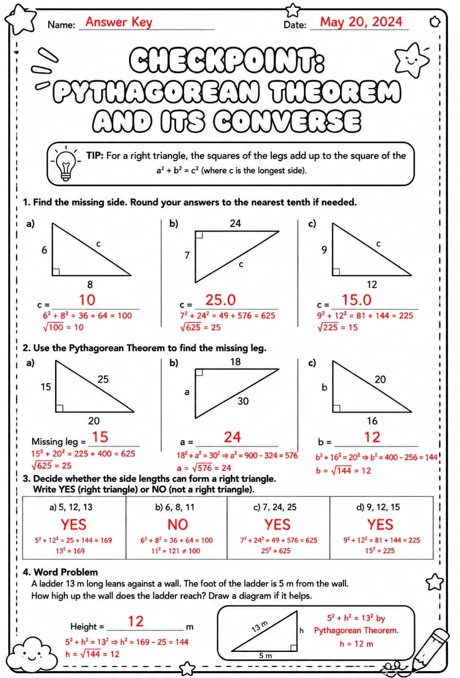 Answer key for Checkpoint: Pythagorean theorem and its converse — free printable Math worksheet