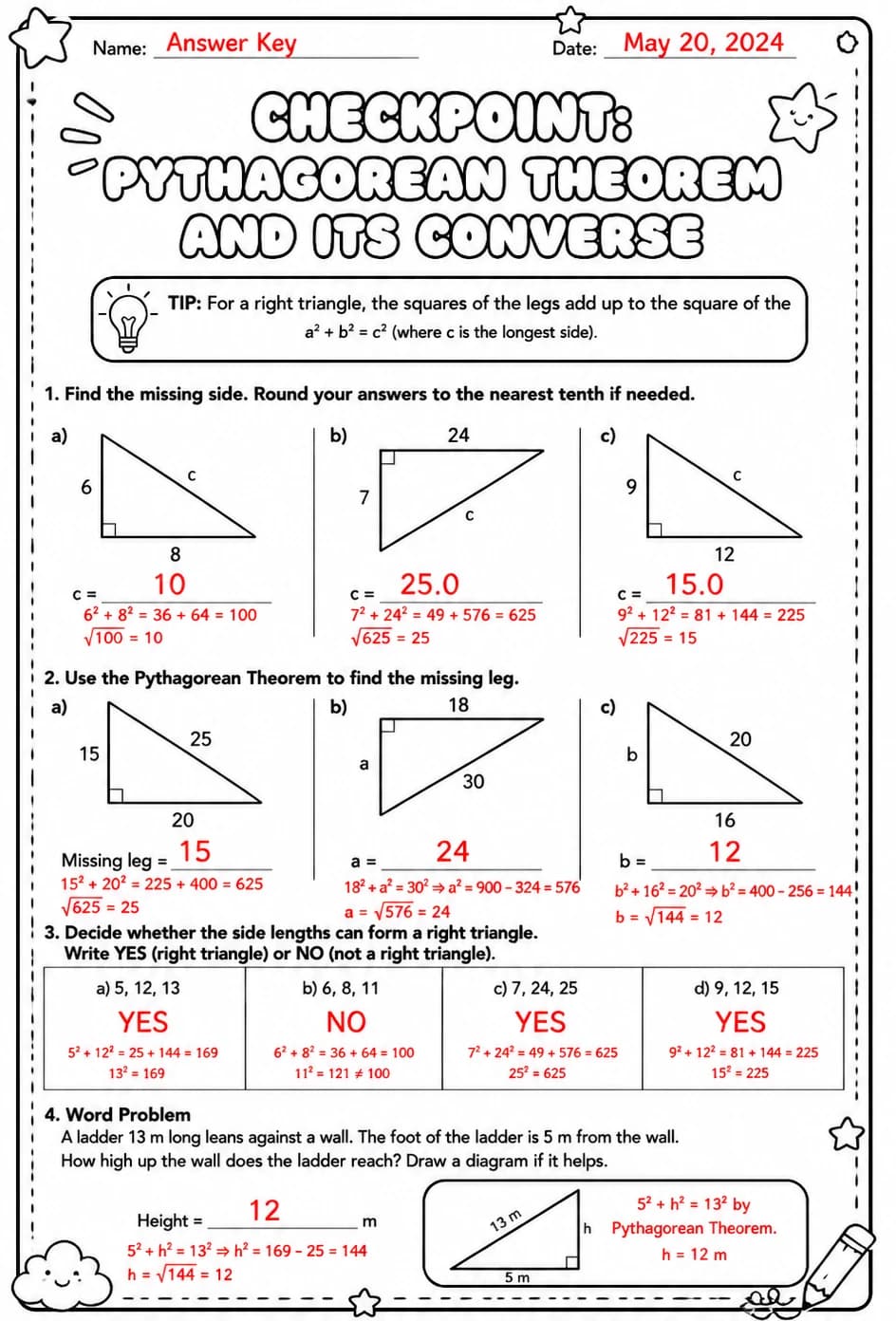 Answer key for Checkpoint: Pythagorean theorem and its converse — free printable Math worksheet