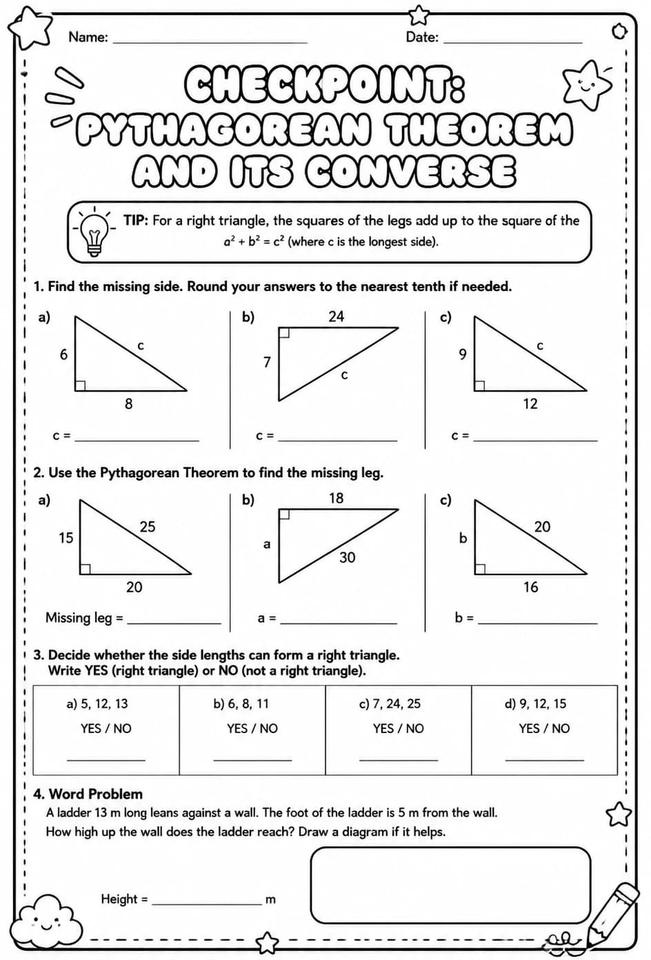 Checkpoint: Pythagorean theorem and its converse — free printable Grade 8 math worksheet