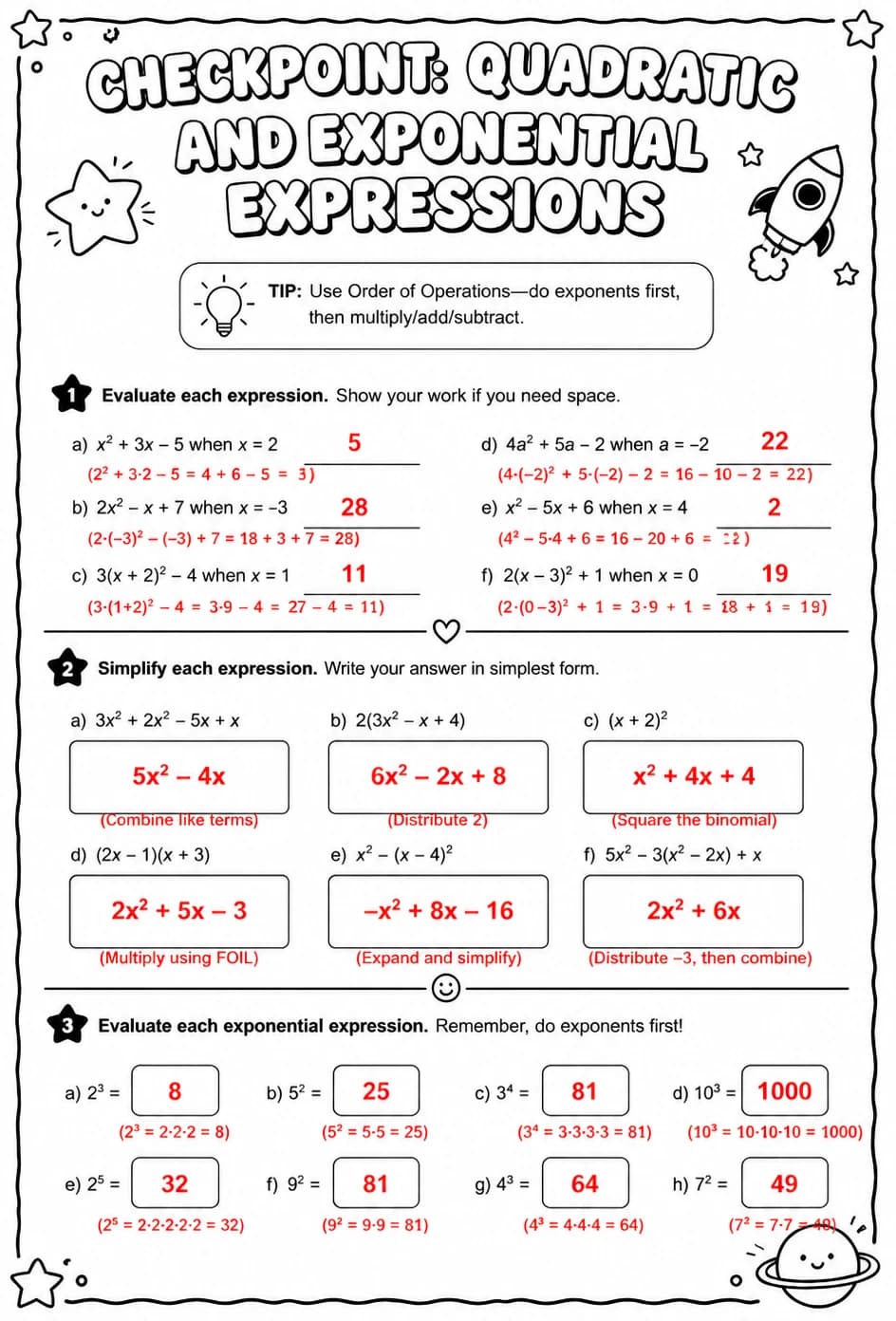Answer key for Checkpoint: Quadratic and exponential expressions — free printable Math worksheet