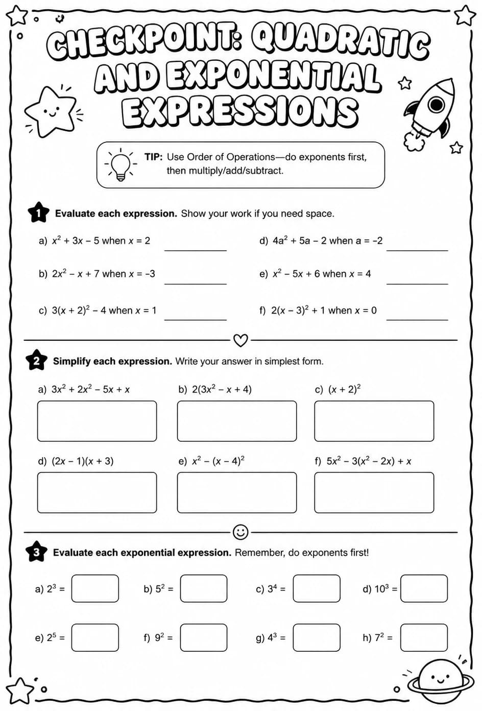 Checkpoint: Quadratic and exponential expressions — free printable Algebra 1 math worksheet