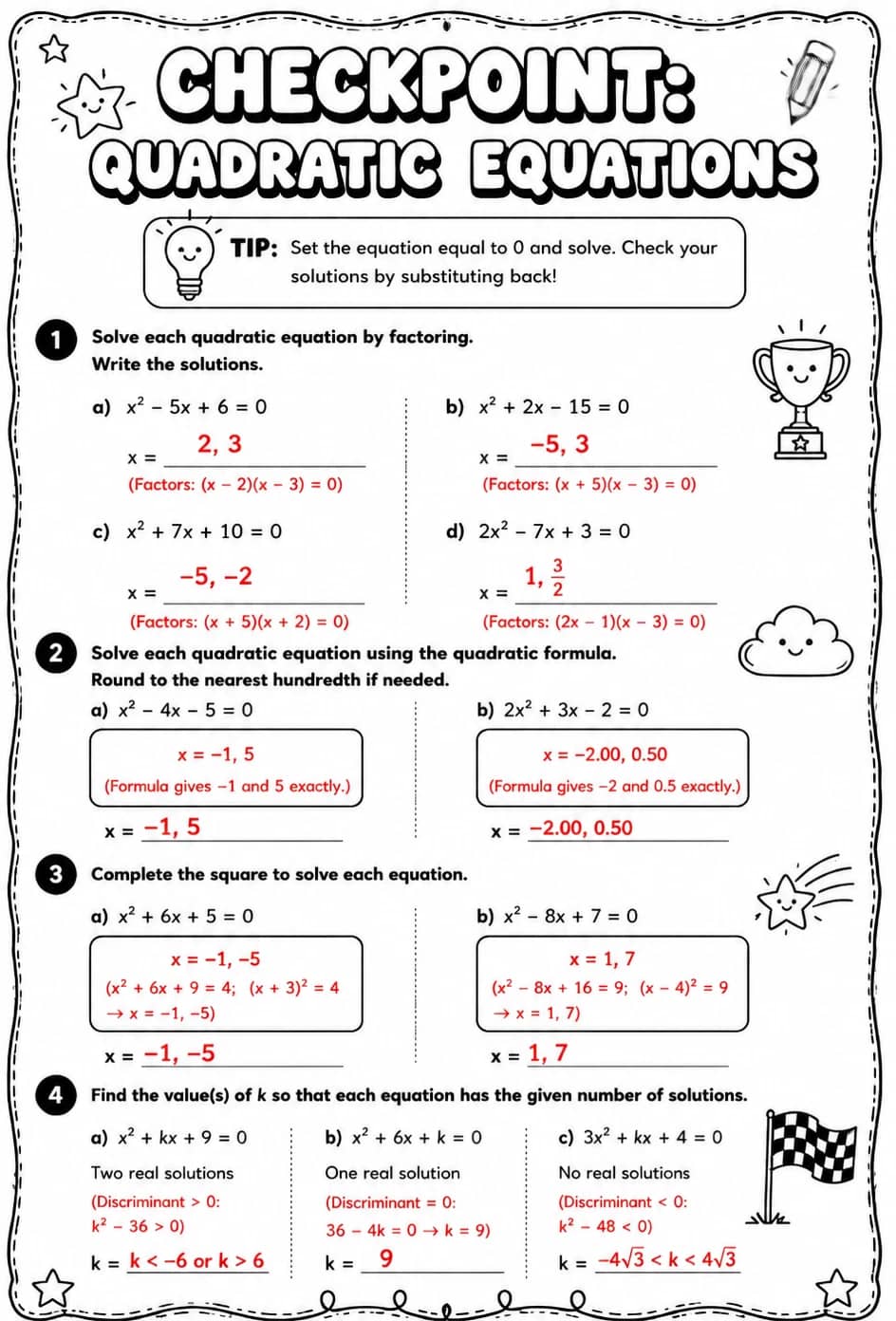 Answer key for Checkpoint: Quadratic equations — free printable Math worksheet