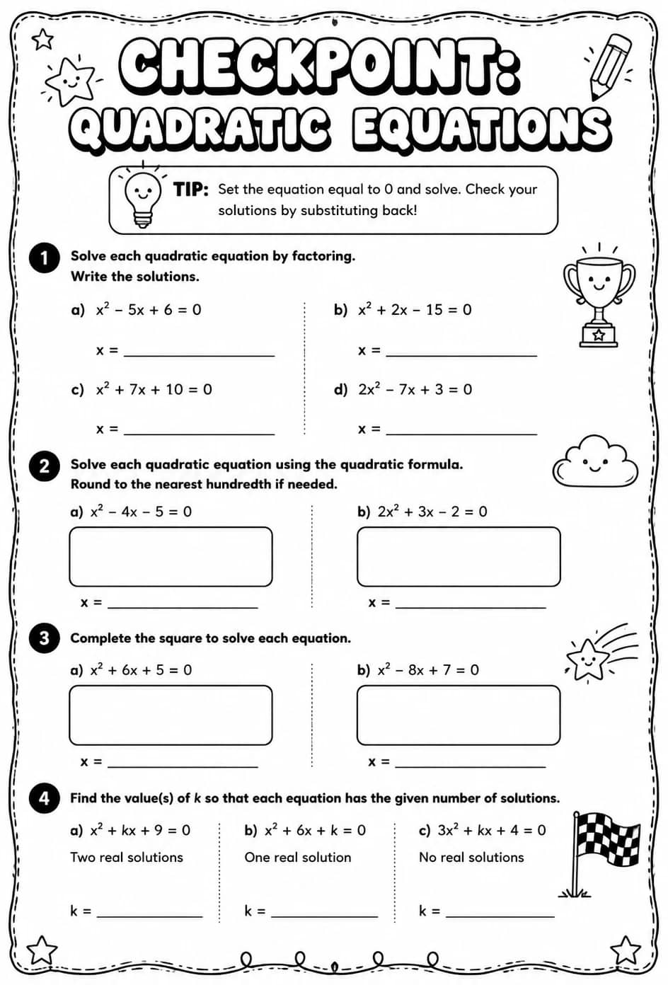 Checkpoint: Quadratic equations — free printable Algebra 1 math worksheet