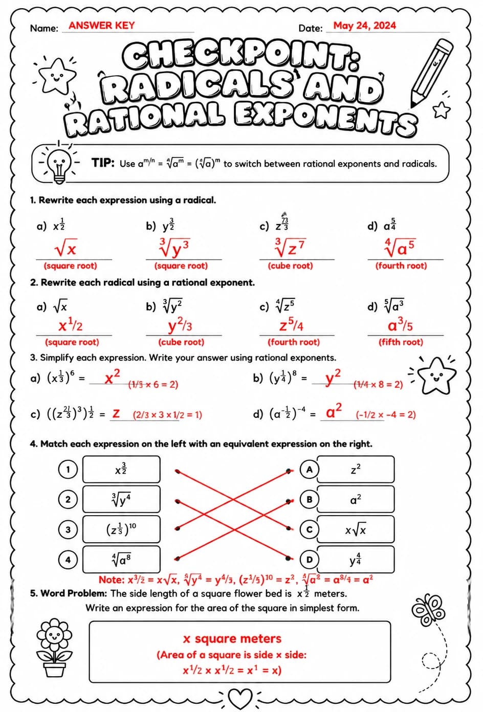 Answer key for Checkpoint: Radicals and rational exponents — free printable Math worksheet