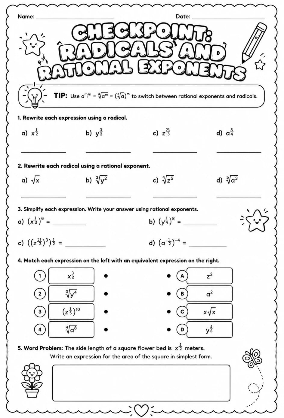 Checkpoint: Radicals and rational exponents — free printable Algebra 1 math worksheet