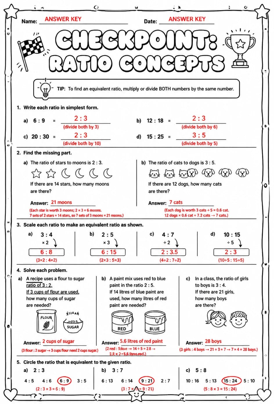 Answer key for Checkpoint: Ratio concepts — free printable Math worksheet